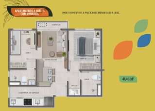 Planta baixa do apartamento de 2 suítes com varanda no Vivai São Rafael, com 41,46 m², sala de estar/jantar integrada, cozinha, lavabo e área de serviço.