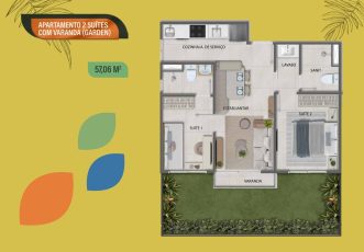 Planta baixa do apartamento de 2 suítes com varanda garden no Vivai São Rafael, com 57,06 m², área de estar/jantar, cozinha, lavabo e jardim privativo.