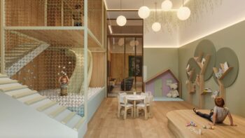 Espaço infantil com brinquedoteca moderna, escorregador, piscina de bolinhas, casinha de boneca e decoração lúdica no Elleve Horto