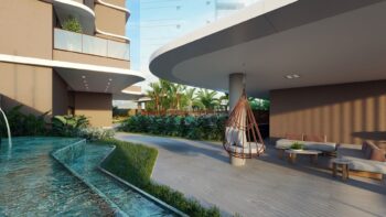 Área externa com marquise coberta, fonte de água, mobiliário contemporâneo e vegetação tropical no Elleve Horto