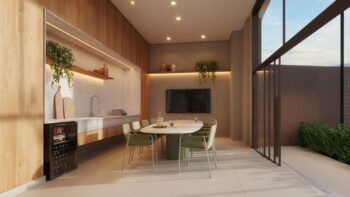 Ambiente de apoio à quadra do Elleve Horto com mesa para refeições, TV, bancada com pia, adega climatizada e design moderno