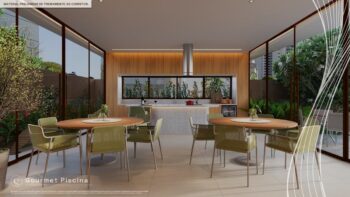Espaço gourmet integrado à piscina do Elleve Horto com mesas redondas, cadeiras verdes, bancada equipada e paredes de vidro com vista para o paisagismo