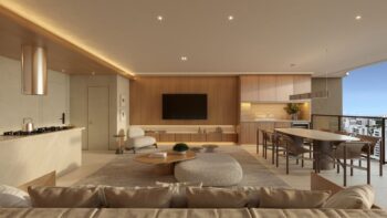 Living integrado do Elleve Horto com sala de estar, jantar e cozinha em conceito aberto, móveis sofisticados e varanda com vista panorâmica da cidade