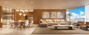 Living do Elleve Horto com sala de jantar e estar integradas, decoração sofisticada, painéis de madeira e vista para o mar a partir da varanda