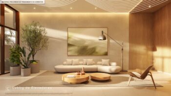 Lobby de elevadores do Elleve Horto com sofá moderno, poltrona de design, mesas baixas, plantas naturais e iluminação indireta no teto
