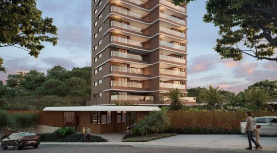 Fachada térrea do Elleve Horto com portaria moderna, controle de acesso, cercado paisagístico e torre ao fundo durante o entardecer