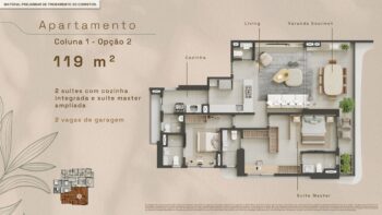 Planta baixa do apartamento de 119 m² no Elleve Horto, com 2 suítes, suíte master ampliada, cozinha integrada, varanda gourmet e 2 vagas de garagem