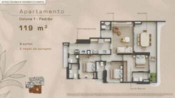 Planta baixa do apartamento padrão de 119 m² da Coluna 1 no Elleve Horto, com 3 suítes, varanda, living amplo, cozinha com área de serviço e 2 vagas de garagem
