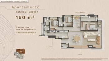 Planta baixa do apartamento de 150 m² na Coluna 2 do Elleve Horto com 3 suítes, sala de TV/gabinete, cozinha ampla, living integrado e 3 vagas de garagem