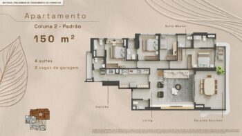 Planta baixa do apartamento de 150 m² da Coluna 2 no Elleve Horto com 4 suítes, varanda gourmet, living integrado, cozinha funcional e 3 vagas de garagem