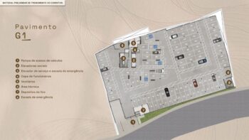 Planta baixa do pavimento G1 do Elleve Horto com vagas de garagem numeradas, rampas de acesso, elevadores sociais e de serviço, copa, vestiários e depósitos de lixo