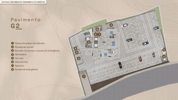 Planta baixa do pavimento G2 do Elleve Horto com vagas de garagem, bicicletário, pet care, depósitos, áreas técnicas, elevadores sociais e de serviço