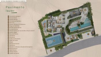 Planta baixa do pavimento de lazer do Elleve Horto com áreas de piscina, salão de festas, brinquedoteca, academia, quadra, playground, gourmet piscina, lounge e espaço delivery