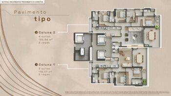 Planta baixa do pavimento tipo do Elleve Horto com duas unidades por andar: Coluna 1 com 3 suítes e 119,07m², Coluna 2 com 4 suítes e 150,54m²