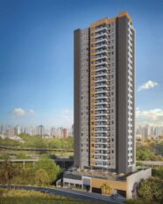 Perspectiva da fachada do Sevilha Residencial com torre imponente e vista panorâmica da cidade.