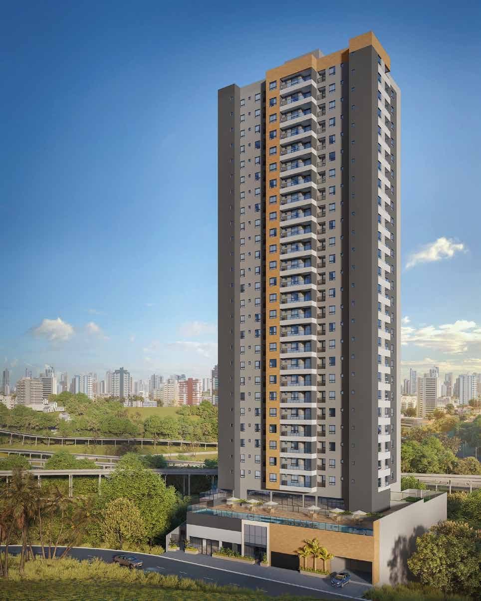 Perspectiva da fachada do Sevilha Residencial com torre imponente e vista panorâmica da cidade.