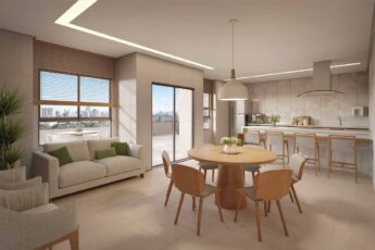 Ambiente gourmet com cozinha equipada, mesa de jantar e vista externa no Sevilha Residencial