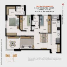 Planta do apartamento Tipo A com 3 quartos, suíte, varanda, lavabo e 81,49 m² no Sevilha Residencial
