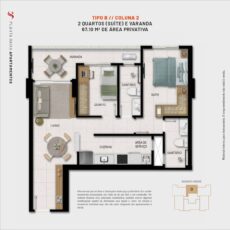 Planta do apartamento Tipo B com 2 quartos, suíte, varanda e 67,10 m² no Sevilha Residencial
