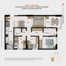 Planta do apartamento Tipo E com 3 quartos, suíte, closet, lavabo e varanda, com 80,06 m² no Sevilha Residencial
