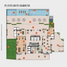 Mapa ilustrado com numeração dos espaços de lazer do Sevilha Residencial, incluindo piscinas, quadra, brinquedoteca, salão de festas e áreas externas