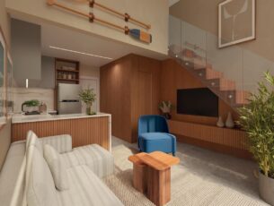Apartamento loft do ZN Itacim com sala integrada à cozinha, escada de vidro com acabamento em madeira e decoração moderna em tons naturais.