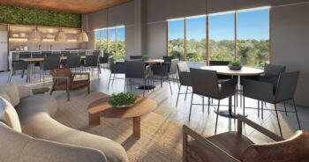Perspectiva do Lounge Gourmet do ZN Itacim, com móveis modernos, decoração elegante, cozinha integrada e amplas janelas com vista para o verde.