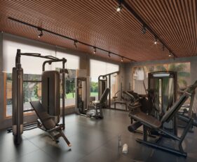Academia moderna do ZN Itacim com equipamentos de musculação, janelas amplas e decoração sofisticada com vista para área verde e palmeiras.
