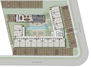 Planta baixa do segundo pavimento do ZN Itacim com distribuição dos apartamentos, lounge bar, academia, piscina central e lavanderia coletiva.