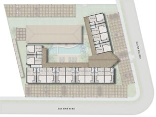 Planta baixa ilustrada do terceiro pavimento do ZN Itacim, com marcação dos apartamentos e vista central da área de lazer com piscina e deck.
