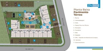 Planta térrea do ZN Itacim com piscina, hidromassagem, espaço gourmet, recepção, bicicletário, guarderia, sanitários, depósitos e estacionamento.