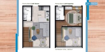 Plantas térrea e superior do apartamento loft do ZN Itacim com 38,78 m², incluindo sala, cozinha, dois sanitários e dormitório no mezanino.