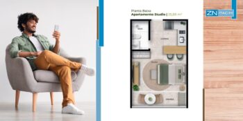 Planta baixa do apartamento studio no ZN Itacim com 25,88 m², integrado com cozinha, área de estar, dormitório, banheiro e varanda.