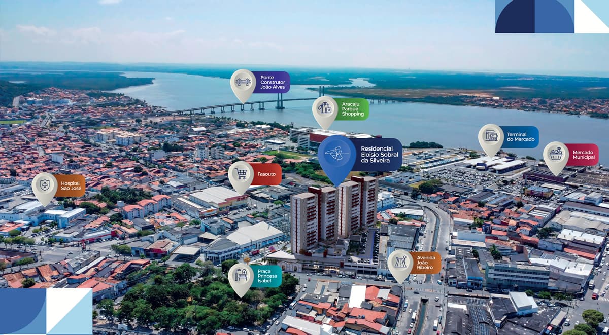 Foto aérea destacando a localização do Residencial Eloisio Sobral da Silveira no Bairro Industrial em Aracaju, com pontos de referência ao redor.