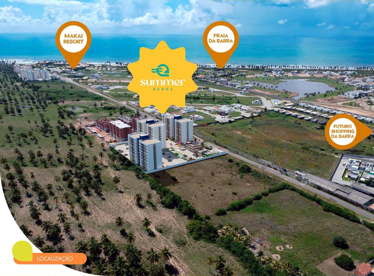 Imagem aérea do empreendimento Summer Barra em Barra dos Coqueiros, próximo à Praia da Barra, Makai Resort e ao futuro shopping da região.