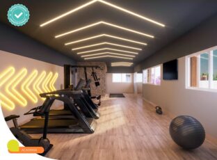Perspectiva da academia do Summer Barra, com equipamentos modernos, iluminação em LED e ambiente climatizado.
