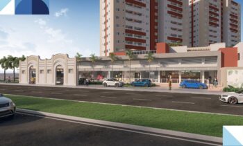 Fachada da área comercial do Residencial Eloisio Sobral da Silveira com lojas, cafeteria e arquitetura integrada ao edifício residencial em Aracaju.