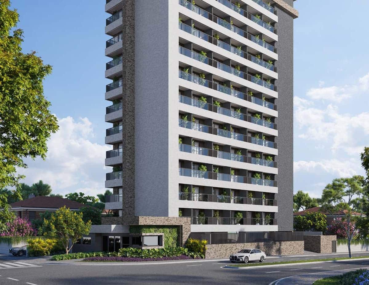 Imagem da entrada principal e fachada térrea do Residencial Ilha de Maui com detalhes paisagísticos e arquitetura contemporânea.