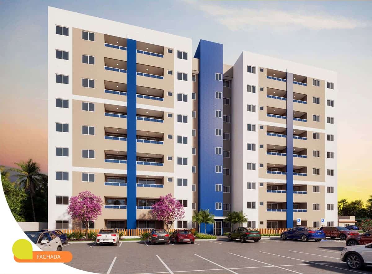 Fachada dos edifícios do Summer Barra com acabamento em textura e revestimento, varanda em vidro e estacionamento ao fundo.