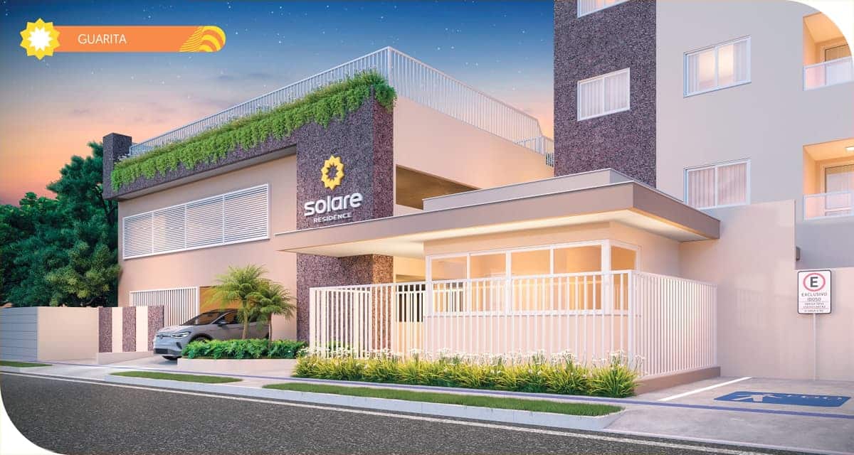 Guarita moderna e segura do Solare Residence com fachada ajardinada, entrada monitorada e vaga exclusiva para idosos.