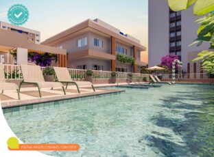 Piscina do Summer Barra com área adulto e infantil, deck com espreguiçadeiras, duchas e ambientação paisagística ao fundo.