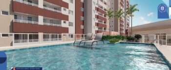 Piscina adulto e infantil com deck e prainha no Residencial Eloisio Sobral da Silveira, com espreguiçadeiras e paisagismo ao redor.