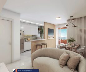 Ambiente integrado de sala e cozinha americana com design moderno no Residencial Eloisio Sobral da Silveira, com varanda ao fundo.