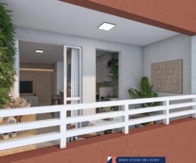 Varanda do Residencial Eloisio Sobral da Silveira integrada à cozinha e sala, com decoração moderna e acesso direto aos ambientes internos.