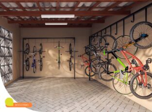 Bicicletário do Summer Barra com suporte vertical para várias bicicletas, estrutura metálica e cobertura de telhado aparente.