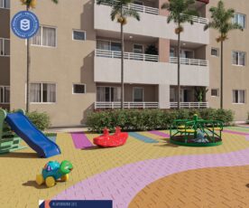 Playground infantil com piso colorido, escorregador, gira-gira e brinquedos em área externa do Residencial Eloisio Sobral da Silveira.