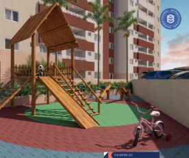 Playground em madeira com escorregador, escada e brinquedos em área externa do Residencial Eloisio Sobral da Silveira, com piso colorido e bicicletas.