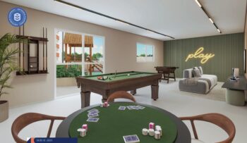Salão de jogos do Residencial Eloisio Sobral da Silveira com mesa de sinuca, mesa de pôquer, pebolim e área de videogame.