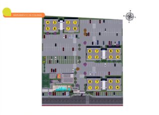 Planta baixa do Summer Barra com a disposição dos blocos, numeração das colunas, vagas de estacionamento, áreas comuns e acessos.