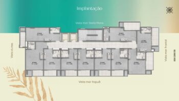 Planta baixa dos andares tipo do Residencial Ilha de Maui com a disposição dos studios e orientações de vista para Stella Maris, Itapuã, dunas e mar frontal.